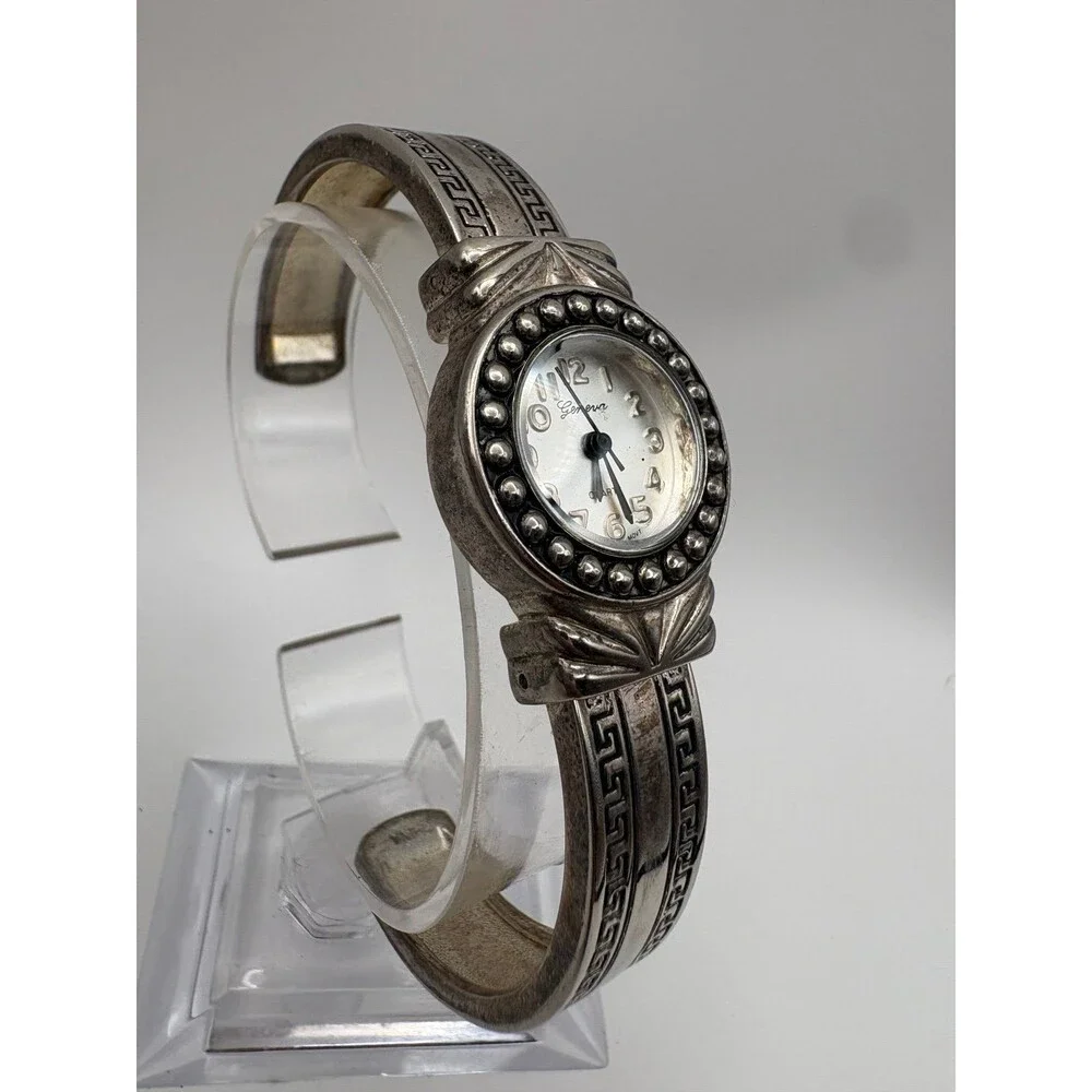 Geneva Cuff Bangle Watch No 6053 Silver Tone Greek Key Japan Movt